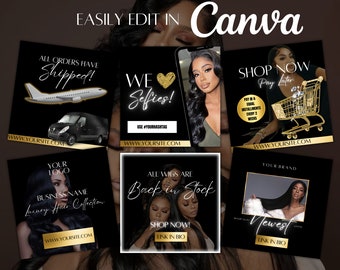 May include: A black and gold promotional graphic with various text elements, including "All Orders Have Shipped!" and "Shop Now, Pay Later." The design incorporates images of a plane, a delivery van, and a shopping cart. The text "Easily Edit in Canva" is also present.