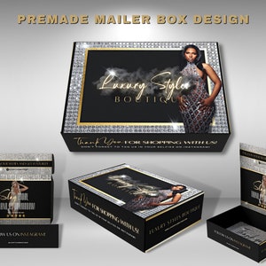 May include: A black mailer box with a gold and diamond design. The box features a woman wearing a sparkly dress and the text "Luxury Styles Boutique" and "Thank You for Shopping with Us! Don't forget to tag us in your selfies on Instagram!"