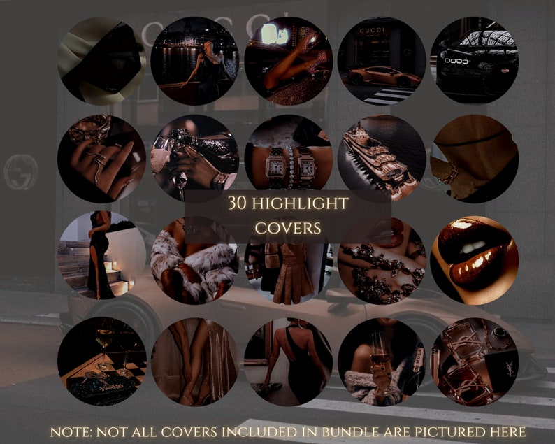 May include: A collage of 20 round images featuring various luxury lifestyle themes, including fashion, jewelry, cars, and travel. The text "30 HIGHLIGHT COVERS" is displayed in the center of the collage.