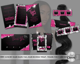 Luxury Black and Pink Hair Bundle Wrap, Hang Tags and Thank You Card Kit| DIY Templates| Printable Hair Branding Kit