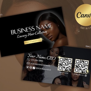 Sjabloon voor luxe visitekaartjes voor hairextensions of pruikenwinkel| Stijlvol zwart-wit| DIY-bewerking in Canva| Afdrukbaar| QR-code toevoegen