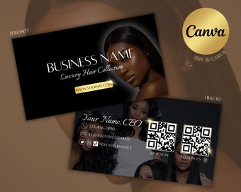 Luxury Business Card Template for Hair Extensions or Wig Store Boutique| Classy Black and White| DIY Edit in Canva| Printable| Add QR Code