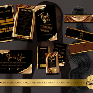 Luxury Hair Branding Kit, Hang Tags and Thank You Card Kit| DIY Canva Templates| Printable Glam Luxury Hair Extensions or Wig Branding image 1