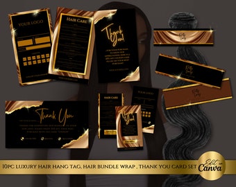 Luxe haarbrandingkit, hanglabels en bedankkaartkit| DIY Canva-sjablonen| Afdrukbare glamoureuze luxe haarextensies of pruikbranding