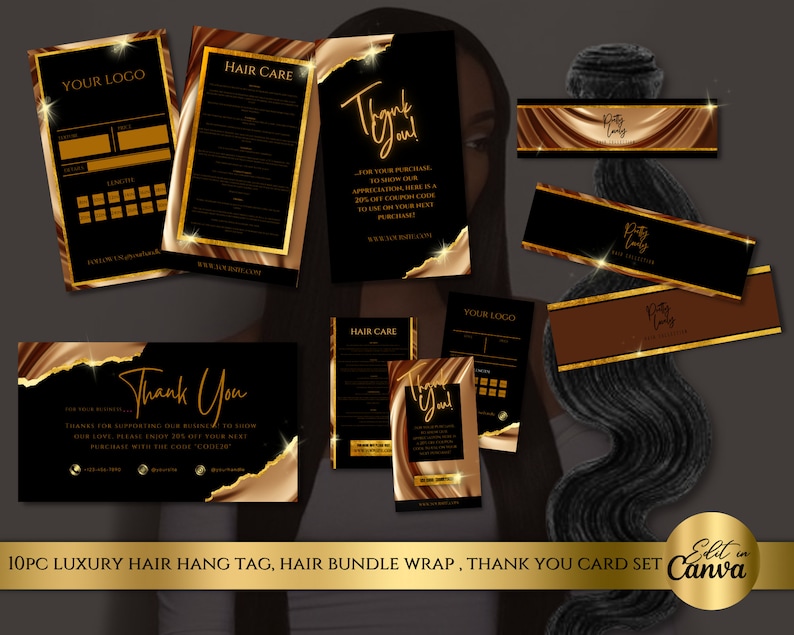 Luxury Hair Branding Kit, Hang Tags and Thank You Card Kit| DIY Canva Templates| Printable Glam Luxury Hair Extensions or Wig Branding image 1