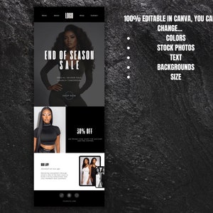 May include: A black and white graphic design template for an end of season sale. The template features a model wearing a black outfit and the text "End of Season Sale" in bold white letters. The template is 100% editable in Canva and allows you to change colors, stock photos, text, backgrounds, and size.