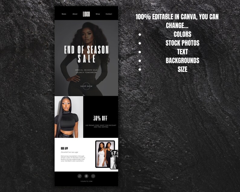 May include: A black and white graphic design template for an end of season sale. The template features a model wearing a black outfit and the text "End of Season Sale" in bold white letters. The template is 100% editable in Canva and allows you to change colors, stock photos, text, backgrounds, and size.