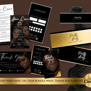 Luxury Hair Branding Kit, Hang Tags and Thank You Card Kit| DIY Canva Templates| Printable Glam Luxury Hair Extensions or Wig Branding