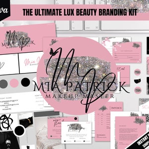May include: A pink and silver branding kit for a makeup artist named Mia Patrick. The kit includes a logo, business cards, gift certificates, invoices, and a thank you card. The logo features a silver glitter M with a butterfly.