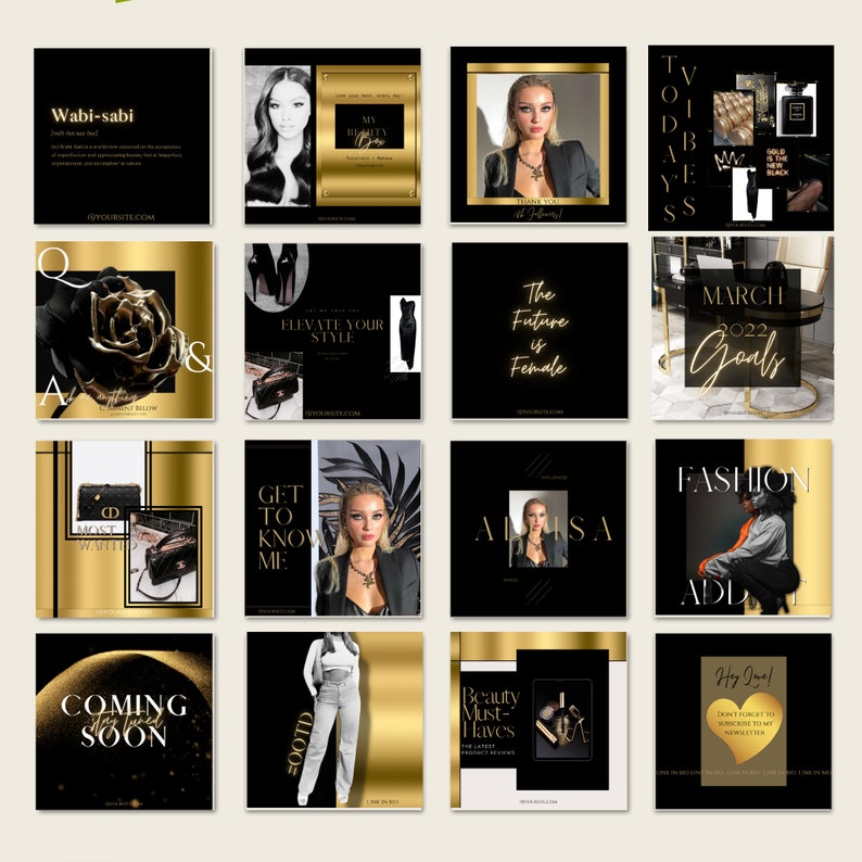 50 Instagram Post Templates| Black and Gold Social Media Marketing ...