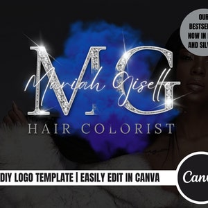 DIY Beauty Logo Template| Luxury Brand Blue and Silver Watercolor Cloud Logo Design for Hairstylist, Nail Tech, Wig, Salon, Body Contour