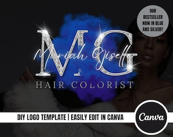 DIY Beauty Logo Template| Luxury Brand Blue and Silver Watercolor Cloud Logo Design for Hairstylist, Nail Tech, Wig, Salon, Body Contour