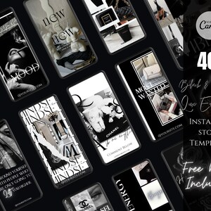 Può includere: Un set di 40 modelli di storie Instagram in bianco e nero con un tema di lusso. I modelli presentano sovrapposizioni di testo, immagini di borse di design e altri articoli di lusso. Il testo sui modelli include frasi come "new new", "most wanted", "mindset" e "circondati di persone che ti faranno solo crescere".