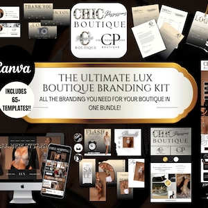 Pode incluir: Um kit de marca para uma boutique com o texto "The Ultimate Lux Boutique Branding Kit" e "Includes 65+ Templates!!" em letras douradas sobre um fundo preto. O kit inclui uma variedade de modelos para mídias sociais, sites e materiais impressos. Os modelos apresentam um design elegante e moderno com um esquema de cores preto e dourado.