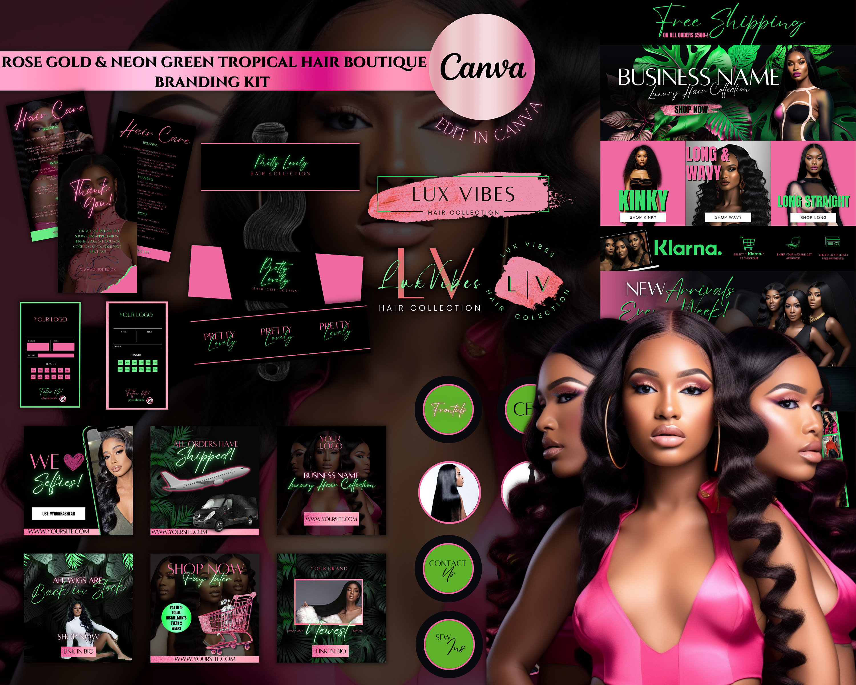 DIY Luxury Pink and Neon Green Tropical Hair Branding Kit| Hair Business Starter Kit| Logo| Web Banner Kit| Instagram Social Flyer Templates