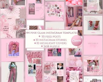 May include: A collage of pink and white Instagram templates for social media. The templates feature various designs, including text, images, and graphics. The text includes phrases like "New Hairstyle Tutorial", "Special Offer", and "Her Vibe is Everything".