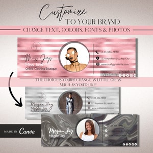 May include: Three business card mockups with pink, gray, and black backgrounds. The cards feature a woman's headshot, a stylized bird, and the text "Miss Jays", "Megan Jay", and "Megan Jay". The text on the cards includes the woman's name, business title, contact information, and social media handles.