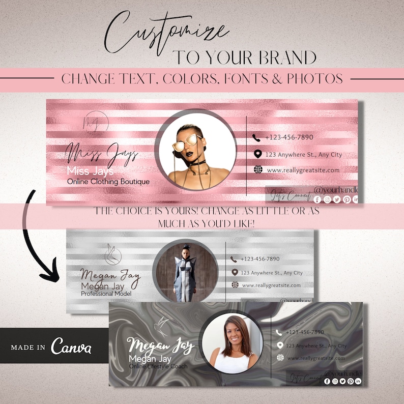 May include: Three business card mockups with pink, gray, and black backgrounds. The cards feature a woman's headshot, a stylized bird, and the text "Miss Jays", "Megan Jay", and "Megan Jay". The text on the cards includes the woman's name, business title, contact information, and social media handles.