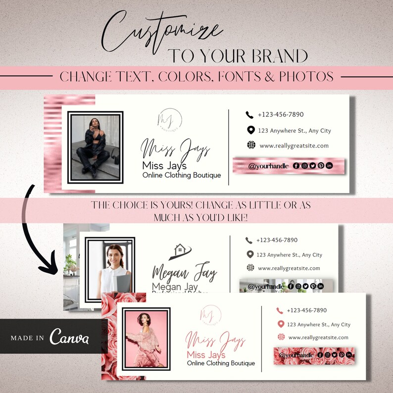 May include: A customizable business card template for an online clothing boutique. The template features a pink and white color scheme with a floral design. The text on the card includes the business name, "Miss Jays", the tagline, "Online Clothing Boutique", contact information, and social media icons.