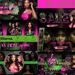 May include: A collage of images promoting hair extensions. The images feature women with different hairstyles, including straight, wavy, and curly hair. The text on the images includes "Business Sale", "Luxury Hair Collection", "Shop Now", "Free Shipping", "Sale", "Customer Cam", "Slay and Be Seen", "Slay Today, Thank Us Tomorrow", and "Klarna. Slay Now, Pay Later".