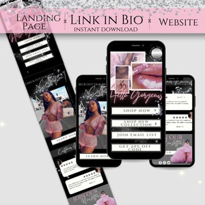 May include: A landing page for an online shop with a pink and black color scheme. The page features a model wearing a pink outfit, a call to action to "Shop Now", and a link to join the email list for a 20% off code. The text "Hello Gorgeous" is displayed in a large font.