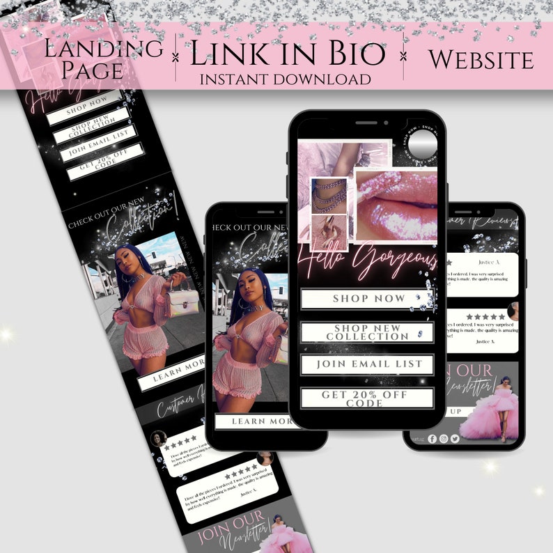 May include: A landing page for an online shop with a pink and black color scheme. The page features a model wearing a pink outfit, a call to action to "Shop Now", and a link to join the email list for a 20% off code. The text "Hello Gorgeous" is displayed in a large font.