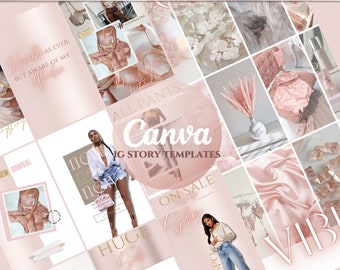 Könnte beinhalten: Eine Collage aus rosa und goldenen Instagram-Story-Vorlagen für Canva. Die Vorlagen enthalten Text wie "Hustle as Ever", "All Pants", "On Sale", "Huge Sale" und "Vibes".