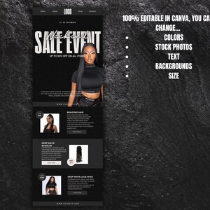 May include: A black and white graphic design for a sale event with the text "Weekend Sale Event" and "Up to 50% off on all items". The graphic features a woman with long black hair wearing a black crop top and black pants. The graphic also includes a list of products with prices and descriptions.