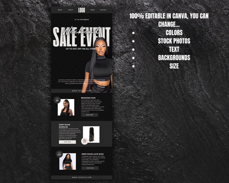 May include: A black and white graphic design for a sale event with the text "Weekend Sale Event" and "Up to 50% off on all items". The graphic features a woman with long black hair wearing a black crop top and black pants. The graphic also includes a list of products with prices and descriptions.