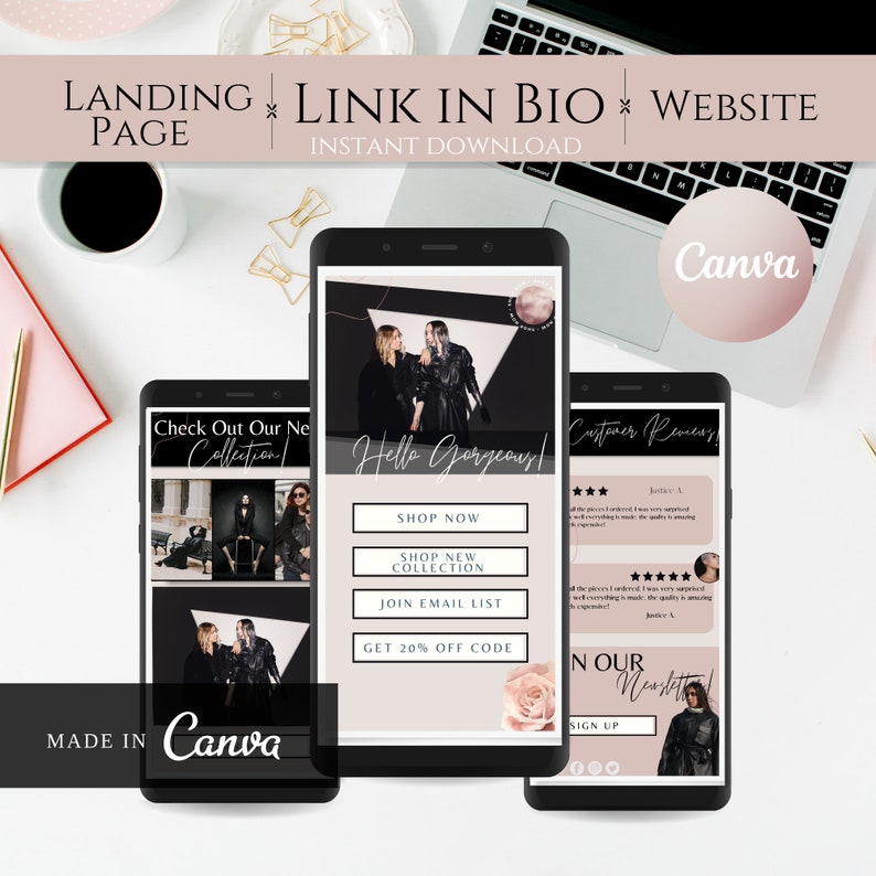 May include: A mobile phone screen displaying a landing page for a clothing brand. The page features a photo of two people wearing black clothing, a call to action to "Shop Now", and a link to join the email list. The page also includes the text "Hello Gorgeous!" and "Check Out Our New Collection!"