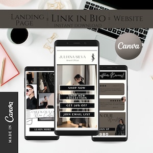May include: Three smartphones displaying a fashion brand's website interface. The central phone shows a model and options to shop, with the brand name "Juliana Silva." The other phones show additional website pages. The image includes the text "Landing Page," "Link in Bio," and "Website."
