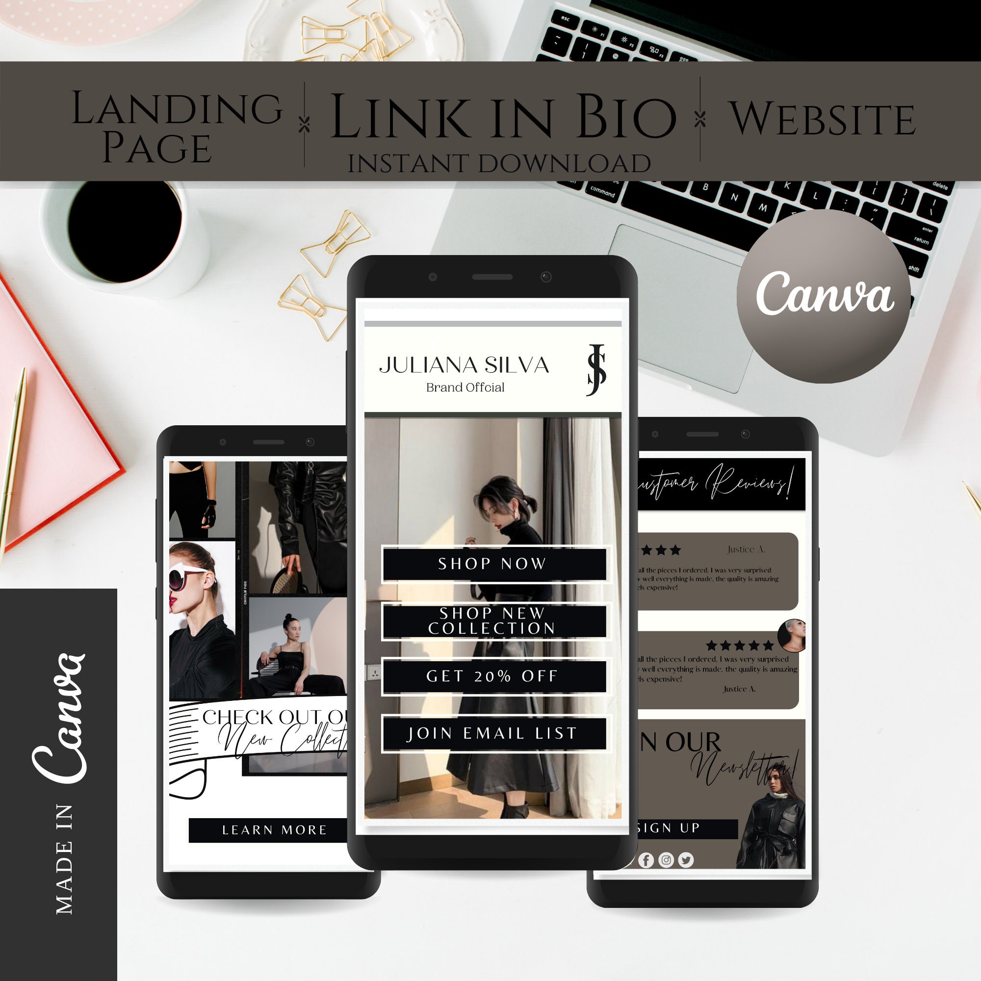 Black and White Modern Ig Link in Bio Template| Instagram Landing Page| Business Landing Page Website| IG Link in Bio| Lead Magnet| Canva