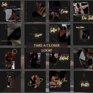 May include: A collage of 12 Instagram story templates featuring fashion and lifestyle imagery. The templates are black with gold accents and text. Some of the text includes "Sale All Shoes", "Statement", "The Best is Yet to Come", "All Accessories On Sale", "Coming Soon", "Tag Us In Your Selfie", "Elegance", "Take A Closer Look", "Luxury Detail", "Thank You 10K", and "Her Vibe is Pretty".