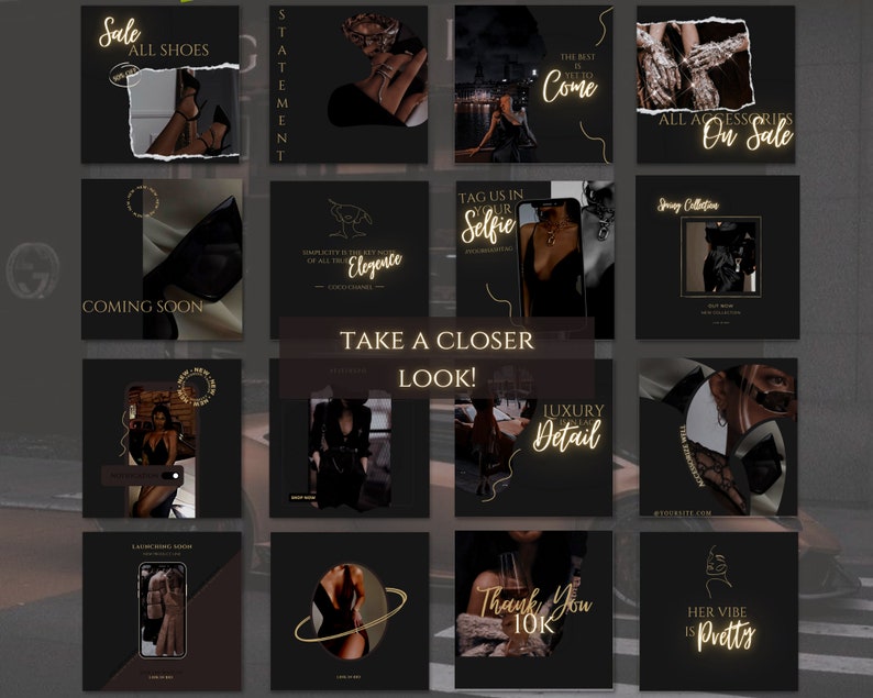 May include: A collage of 12 Instagram story templates featuring fashion and lifestyle imagery. The templates are black with gold accents and text. Some of the text includes "Sale All Shoes", "Statement", "The Best is Yet to Come", "All Accessories On Sale", "Coming Soon", "Tag Us In Your Selfie", "Elegance", "Take A Closer Look", "Luxury Detail", "Thank You 10K", and "Her Vibe is Pretty".