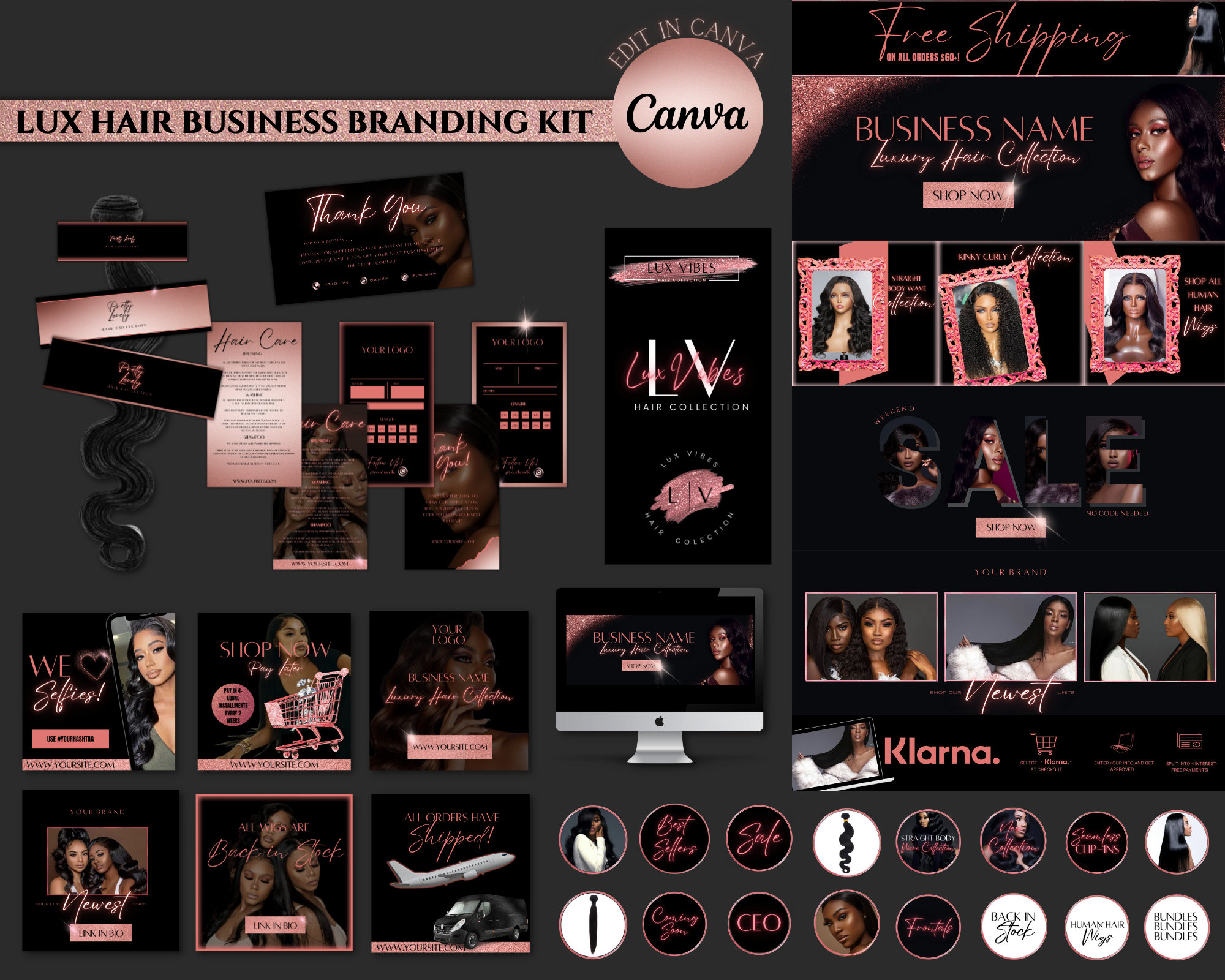 DIY Luxury Hair Branding Kit| Rose Gold Hair Business Starter Kit| Logo| Web Banner Kit| Instagram Templates| Social Media Flyers|