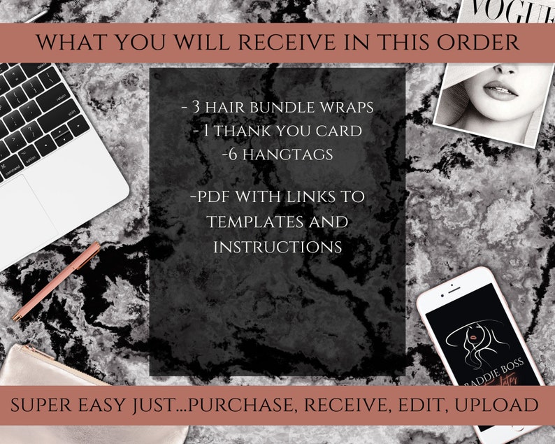 Luxury Hair Branding Kit, Hang Tags and Thank You Card Kit| DIY Canva Templates| Printable Glam Luxury Hair Extensions or Wig Branding image 8