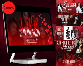 DIY Valentines Day Hair Website Banners| Fits Shopify Themes | Hair Extensions, Wigs, Bundles Design Templates| Ecommerce Web Banners| Canva