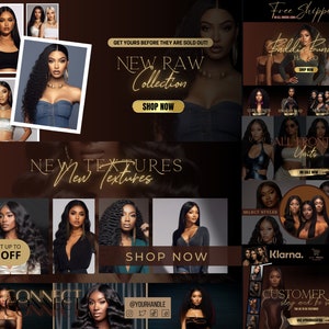 DIY Hair Website Banner Kit| Shopify Hair Extensions or Wig Boutique Store Brown Design| Website Design Templates Set| Canva