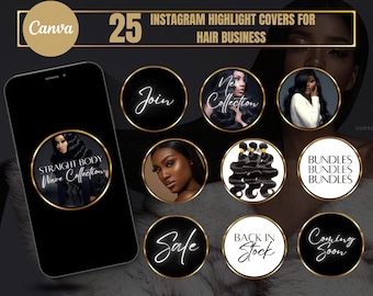 Instagram Highlight Covers for Hair Business| Luxury Black gold Story Icons| DIY Canva Templates| Extensions Wig Store| Ecommerce Ig