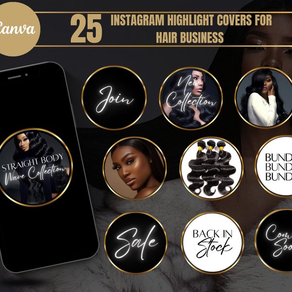 Instagram Highlight Covers for Hair Business| Luxury Black gold Story Icons| DIY Canva Templates| Extensions Wig Store| Ecommerce Ig