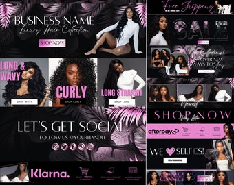 DIY Hair Website Banner Kit| Shopify Hair Extensions or Wig Boutique Store Design| Website Design Templates Set| Canva| Retail Store