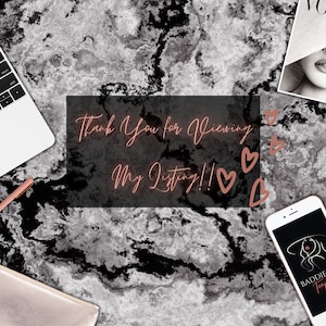 May include: A black and white marble background with a laptop, a pen, a gold clutch, a phone with a black screen displaying the text "Baddie Boss Templates", and a text overlay that says "Thank You for Viewing My Listing!!" with pink hearts.