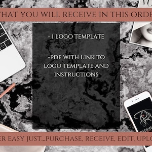 Op de afbeelding: Een zwart-wit marmeren achtergrond met een laptop, een pen en een smartphone. Het smartphonescherm toont een logo-ontwerp voor een bedrijf genaamd "Raddie Boss". De tekst "WHAT YOU WILL RECEIVE IN THIS ORDER" staat bovenaan de afbeelding. De tekst "SUPER EASY JUST...PURCHASE, RECEIVE, EDIT, UPLOAD" staat onderaan de afbeelding.