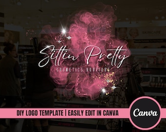 DIY Beauty Logo Template| Luxury Brand Pink Coral Watercolor Cloud Logo Design for Hairstylist, Nail Tech, Wig, Salon, PMU, Body Contour