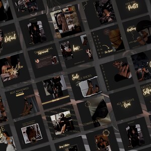 May include: A collage of social media posts with a black background and gold text. The posts feature images of fashion, shoes, and accessories. The text includes phrases like "Luxury Detail", "Sale All Shoes", "Best Reviewed", and "Come".
