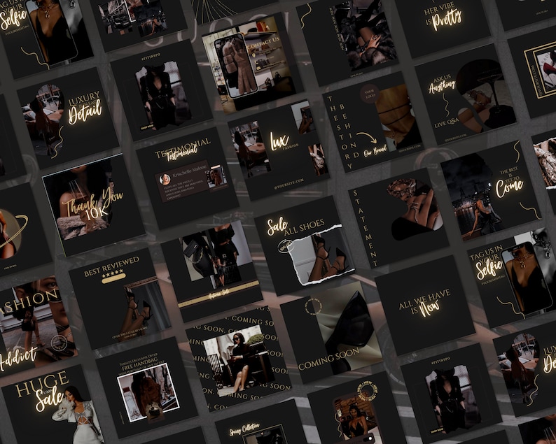 May include: A collage of social media posts with a black background and gold text. The posts feature images of fashion, shoes, and accessories. The text includes phrases like "Luxury Detail", "Sale All Shoes", "Best Reviewed", and "Come".