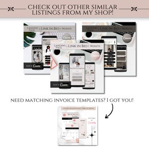 May include: Three pink and white landing page templates for social media, featuring the text "Landing + Link in Bio + Website Page" and "Made in Canva". A pink and white invoice template with the text "Neutral Modern Invoice Template Bundle" and "Hot Sale in Canva".