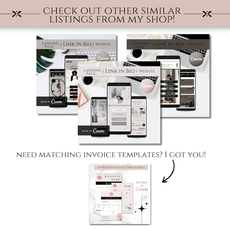 May include: Three pink and white landing page templates for social media, featuring the text "Landing + Link in Bio + Website Page" and "Made in Canva". A pink and white invoice template with the text "Neutral Modern Invoice Template Bundle" and "Hot Sale in Canva".