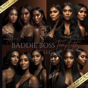 May include: A collage of eight images featuring women with long, dark hair. The women are wearing black tops and gold jewelry. The images are set against a brown background. The text "BADDIE BOSS Templates LLC." is visible in the center of the collage.