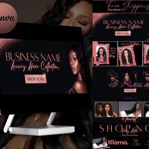 DIY Hair Website Banner Kit| Rose Gold Shopify  Hair Extensions or Wig Boutique Design| Website Luxury Design Templates Set| Canva| Store